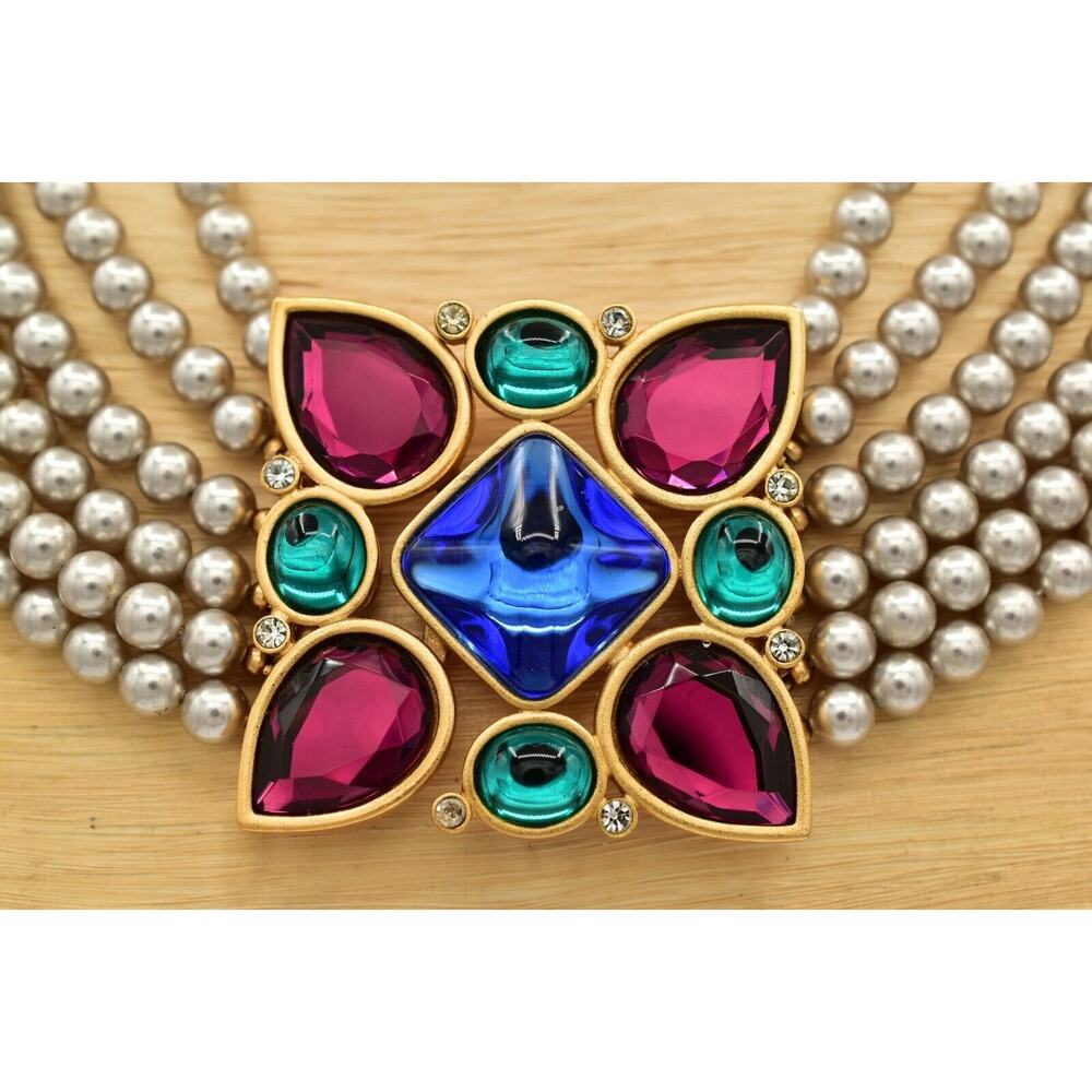YSL Goosens Vintage Cabochon Necklace Collar Multi-Strand Crystal Signed BinBM - Picture 4 of 16